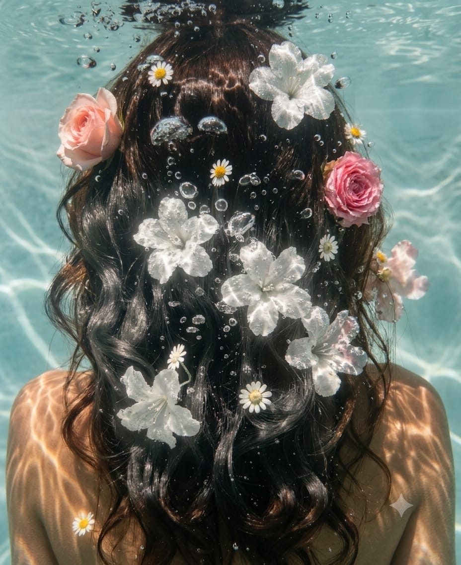 Cheveux longs sur lin clair avec un bol de bain d'huile