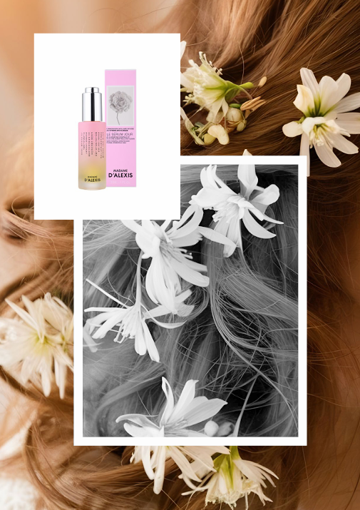 Le Sérum Jour Madame d'Alexis — visuel fleuri et chevelure lumineuse